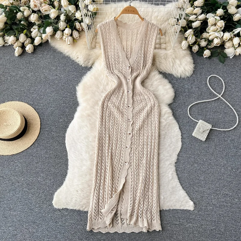 Summer Cardigan Dress Sleeveless Knit Sweater V-neck Mid-length Lace Women Hollow 2024 Korean Chic Knit Button Cardigan