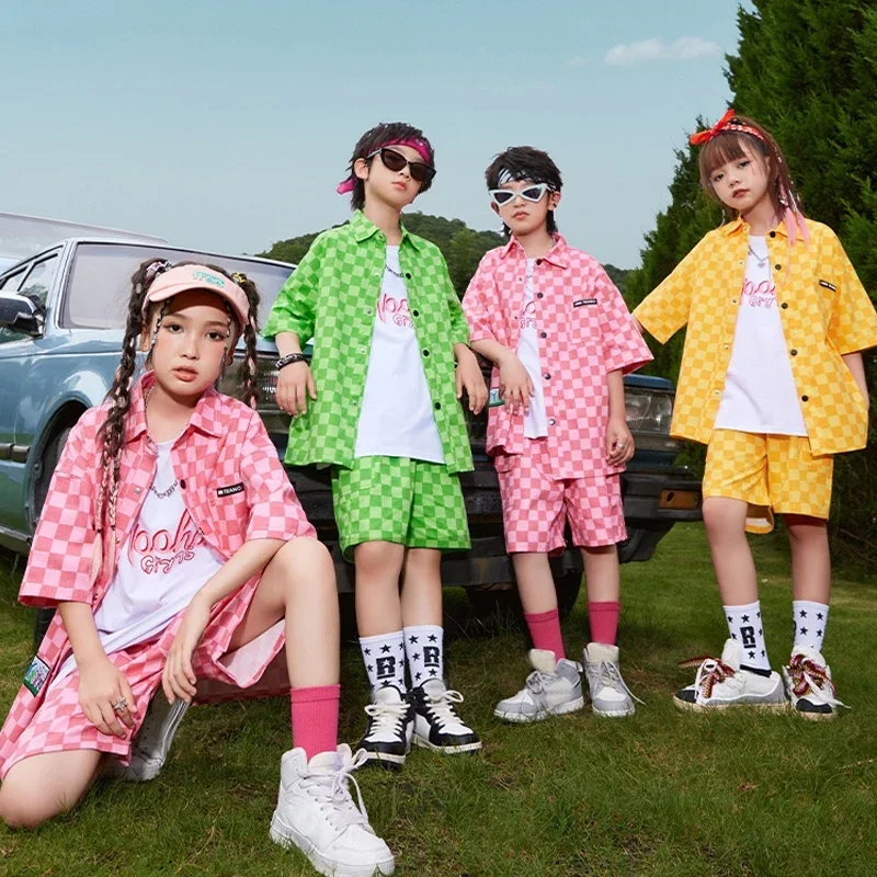 الفتيات أزياء رقص الجاز الفتيان الهيب هوب الملابس منقوشة قميص السراويل الشارع الرقص أداء ارتداء الاطفال K-pop المرحلة الزي SL9497