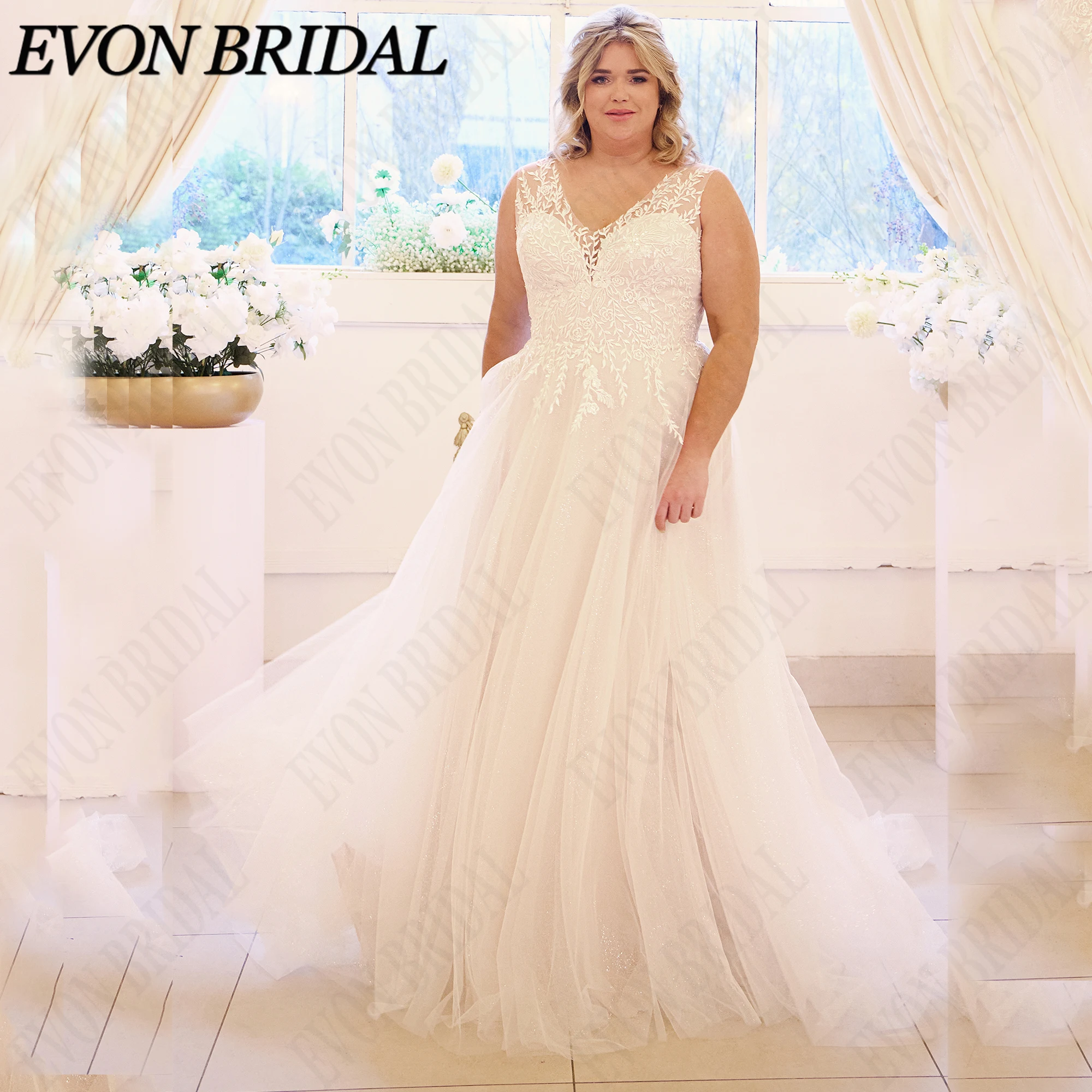 EVON BRIDAL Lace Appliques Wedding Dress Plus Size A-LINE Glitter Tulle Bride Dresses Spaghetti Strap Bridal Gown Customized