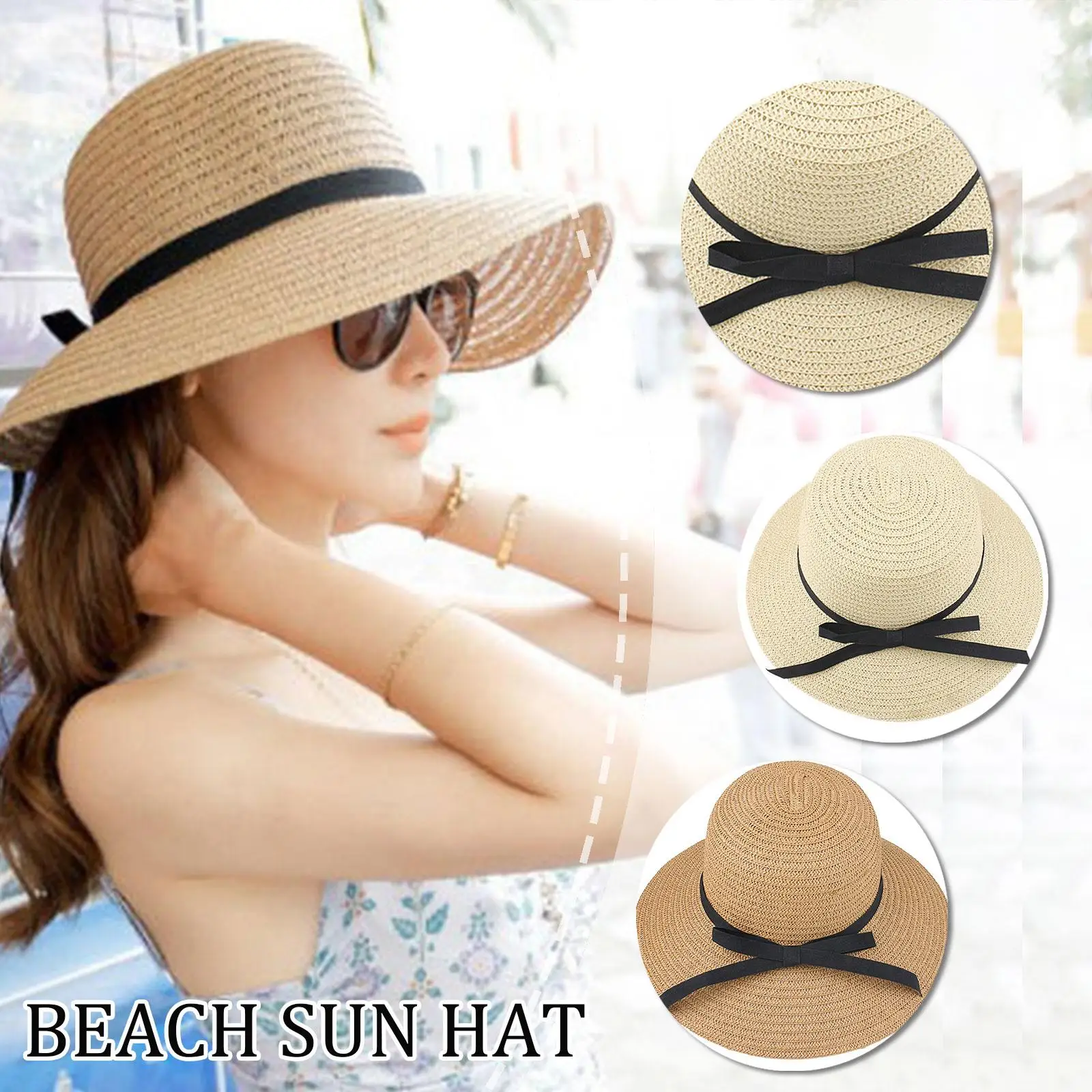 Women\'s Straw Sun Hat Flat Beach Hat Summer Sun Protection Hat Rolled Up Packable Panama Hats Bow Ribbon Decoration