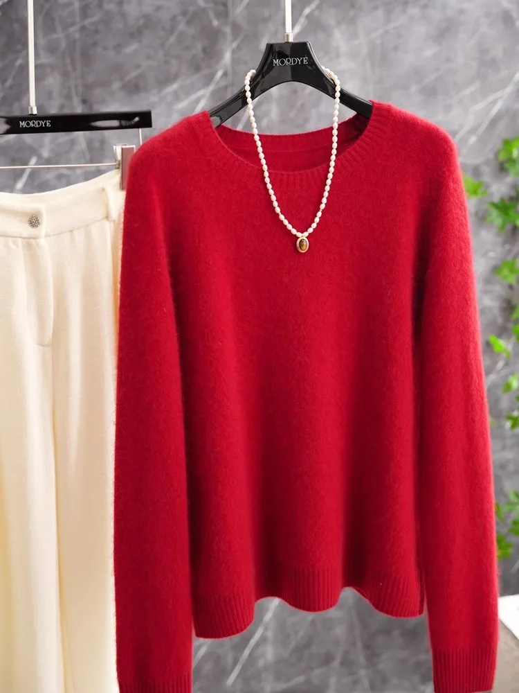 

Классический свитер из 100% чистой шерсти серии Not Enough, винтажный красный, с длинными рукавами, вязаный, базовый слой, осень-зима, белый, улучшающий силуэт, вязаный.