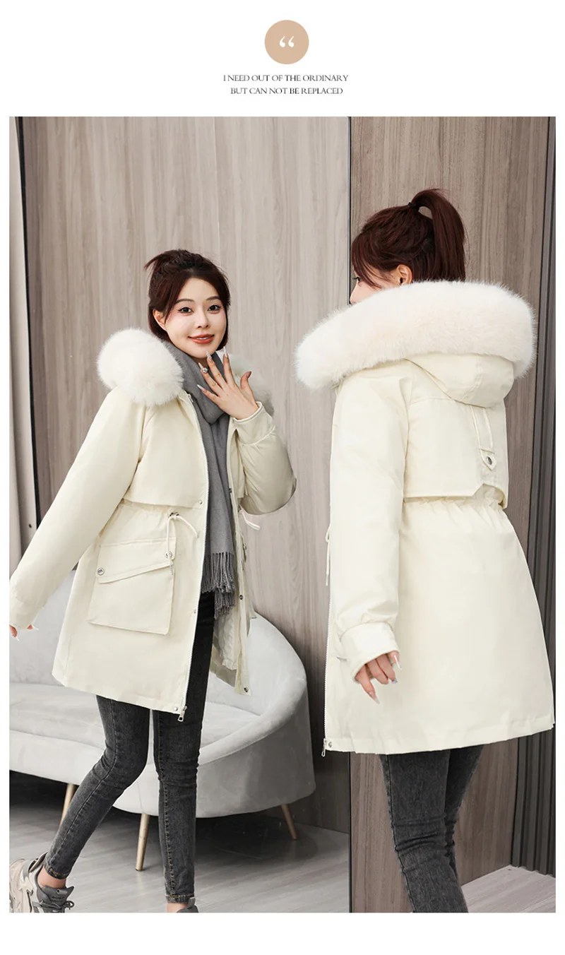 2026 New Winter Coat Down Padded Jacket Women Parkas Fur Collar Thick Hooded Cotton Coats Black Casual Outerwear Female Clothes