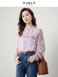 Vimly 2023 Autumn Ruffle Floral Chiffon Blouses for Women Fashion Lace Stand Collar Long Sleeve Top Loose Shirts & Blouses M2876