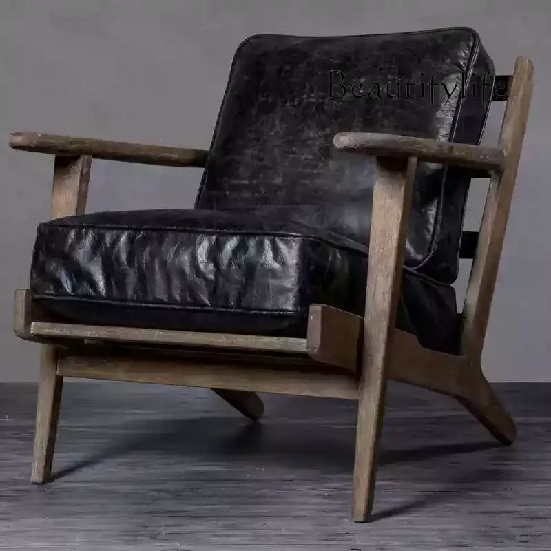

Nordic sofa chair solid wood retro leather sofa first layer cowhide tiger chair single armchair