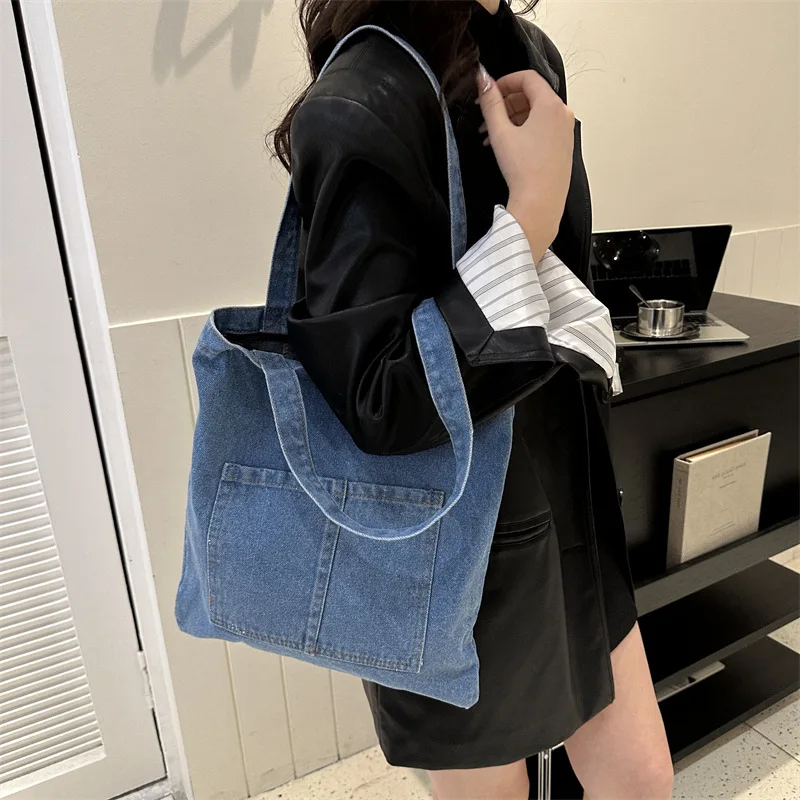 1pcs Stitched Reinforced Handle Durable Denim Crossbody Shoulder Bag Light Blue Casual Foldable Tote for Shopping Travel