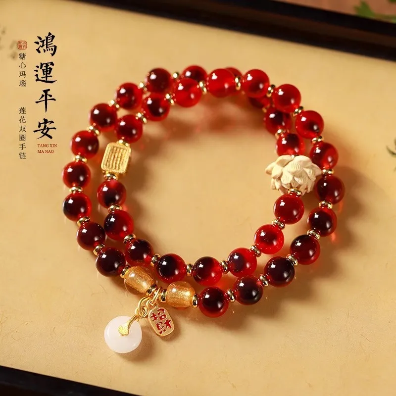 Natural Sugar Heart Agate Bracelet: Ethnic Double-loop Glass Beaded Bracelet with Gold-plated Peace Buckle for Women