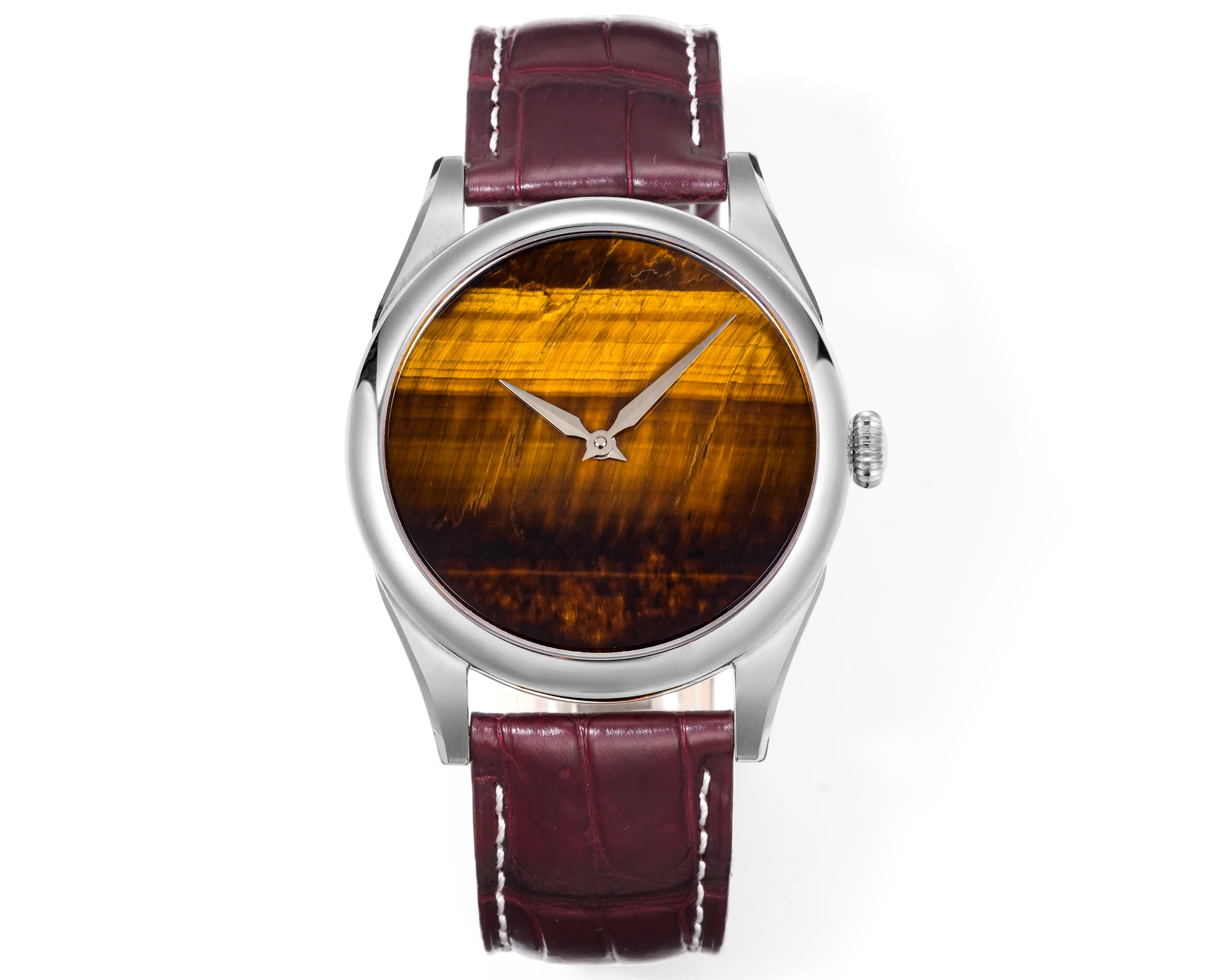 HUASUO New 38mm Business Men Watch Tiger Eye Stone Dial SW200 Automatic Mechanical Gemstone Wristwatch Sapphire Waterproof 50M
