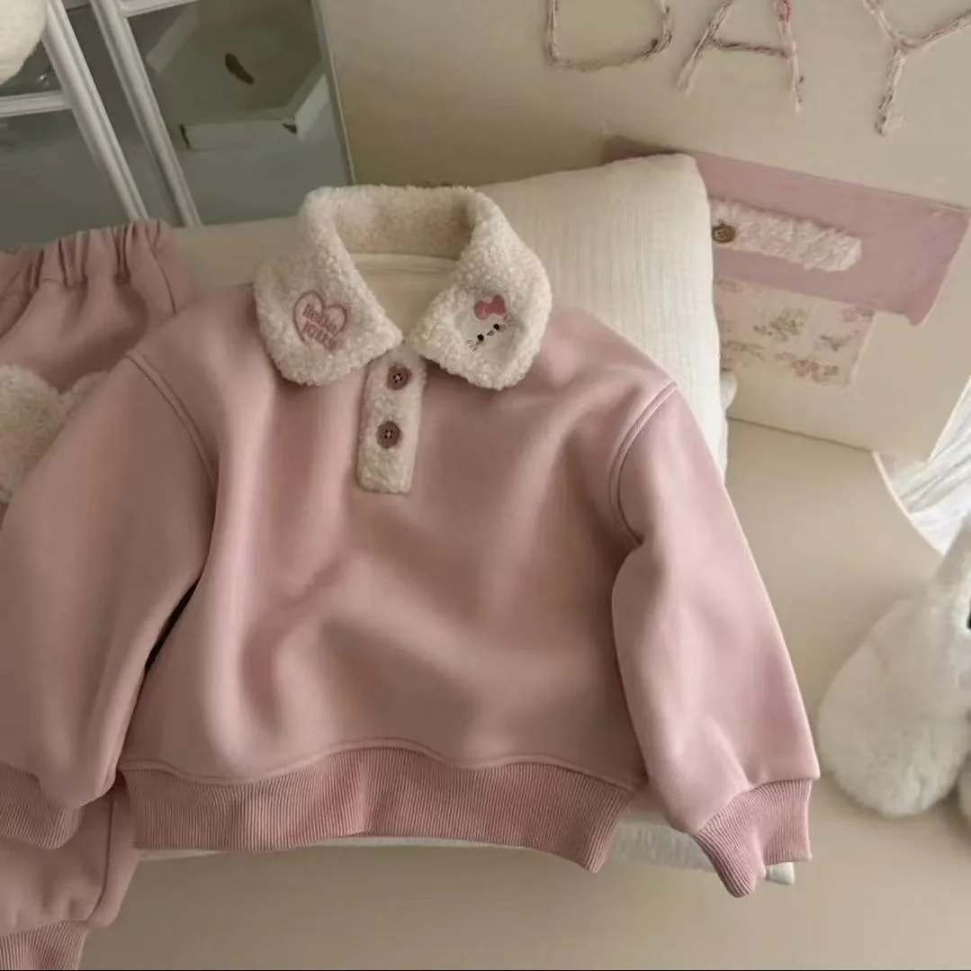طقم بناتي خريفي شتوي على الطراز الكوري، سترة مبطنة بالصوف مع ياقة مطرزة وبنطلون من قماش الفرو الناعم، طقم من قطعتين #5