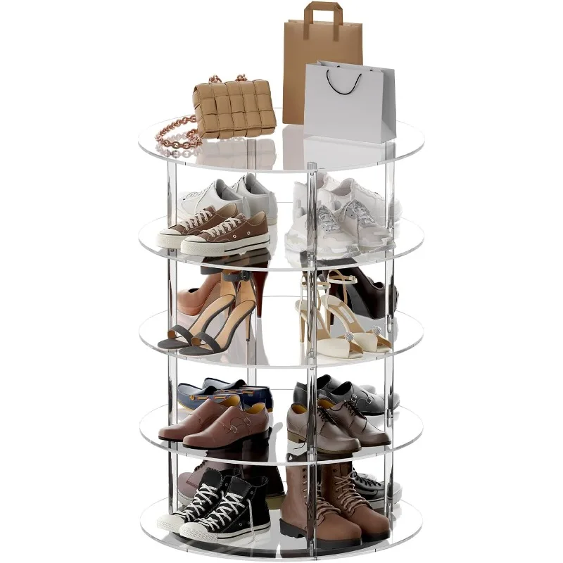 Aquiver Acrylic Rotating Shoe Rack - 360° Spinning Shoe Rack Tower 5-Tier Free Standing Shoe Organizer for Entryway, Cloakroom