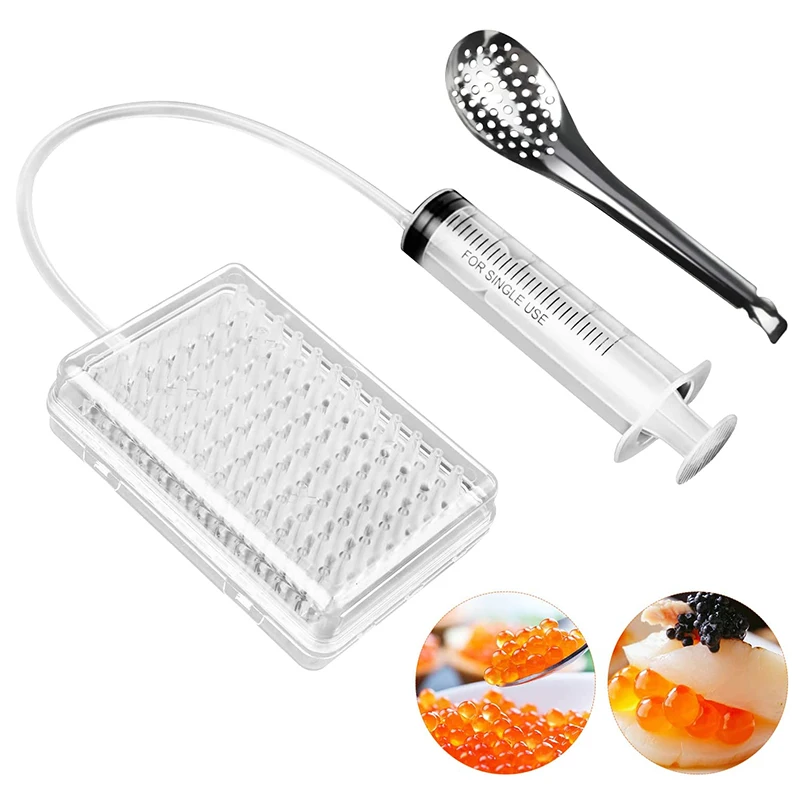 Caviar Maker Box Spherification Dropper, Molecular Gastronomy Kit, 96-Hole Roe Sauce Dispenser Strainer Tools with Spoon Syringe