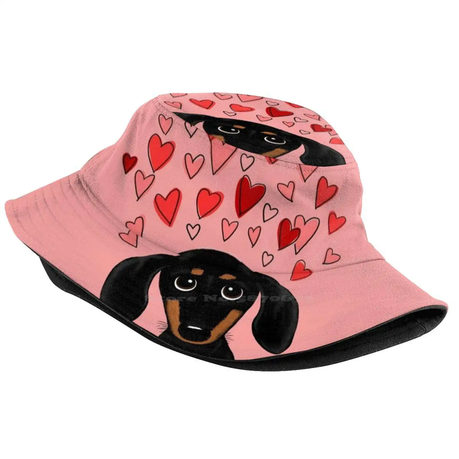 Black And Tan Dachshund With Valentine Hearts | Cute Cartoon Wiener Dog Pattern Design Printed Travel Bucket Hats Dachshunds