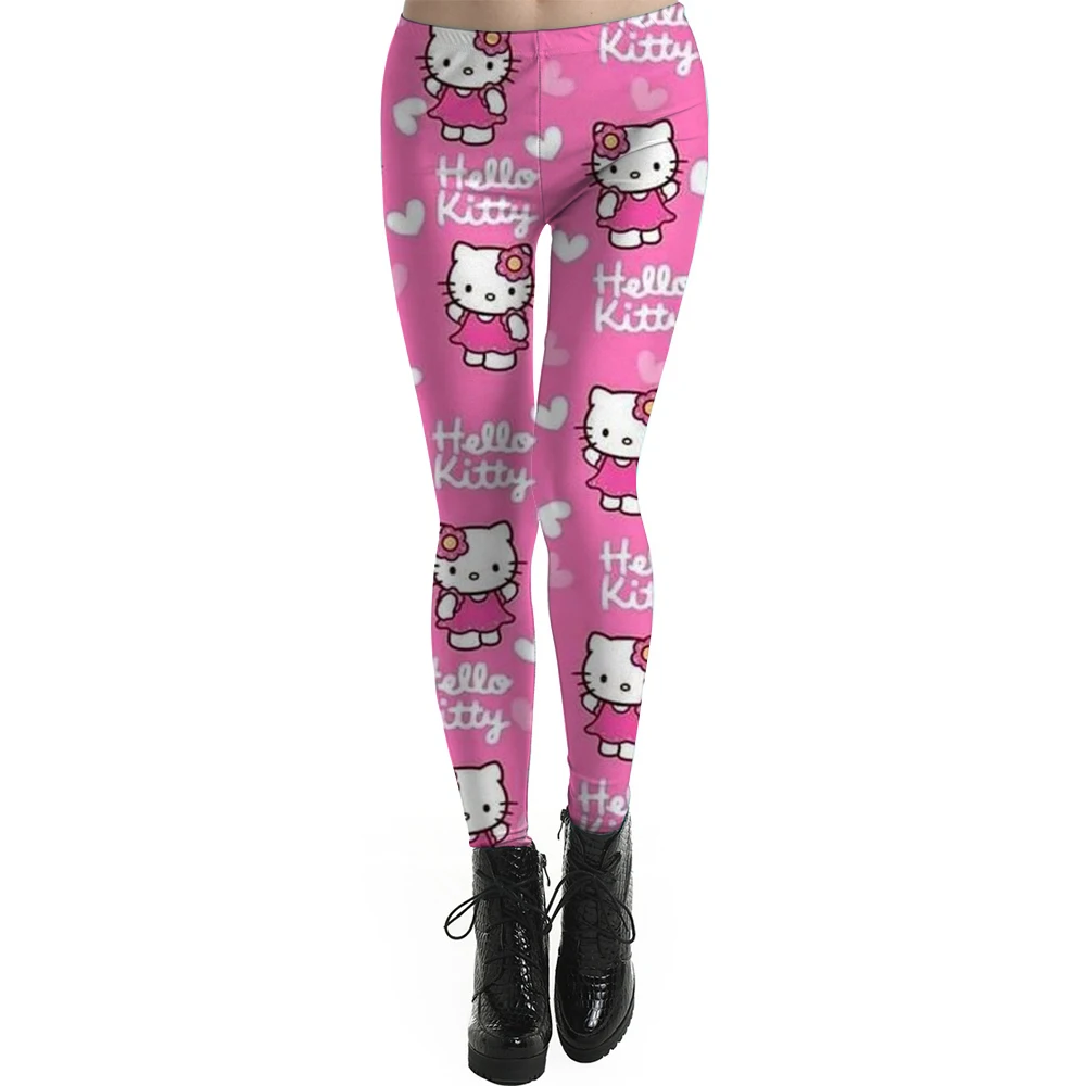 Spring/summer Kuromi Hello Kitty print women's slim-fit stretch comfortable casual leggings Pink tight fitting women's leggings