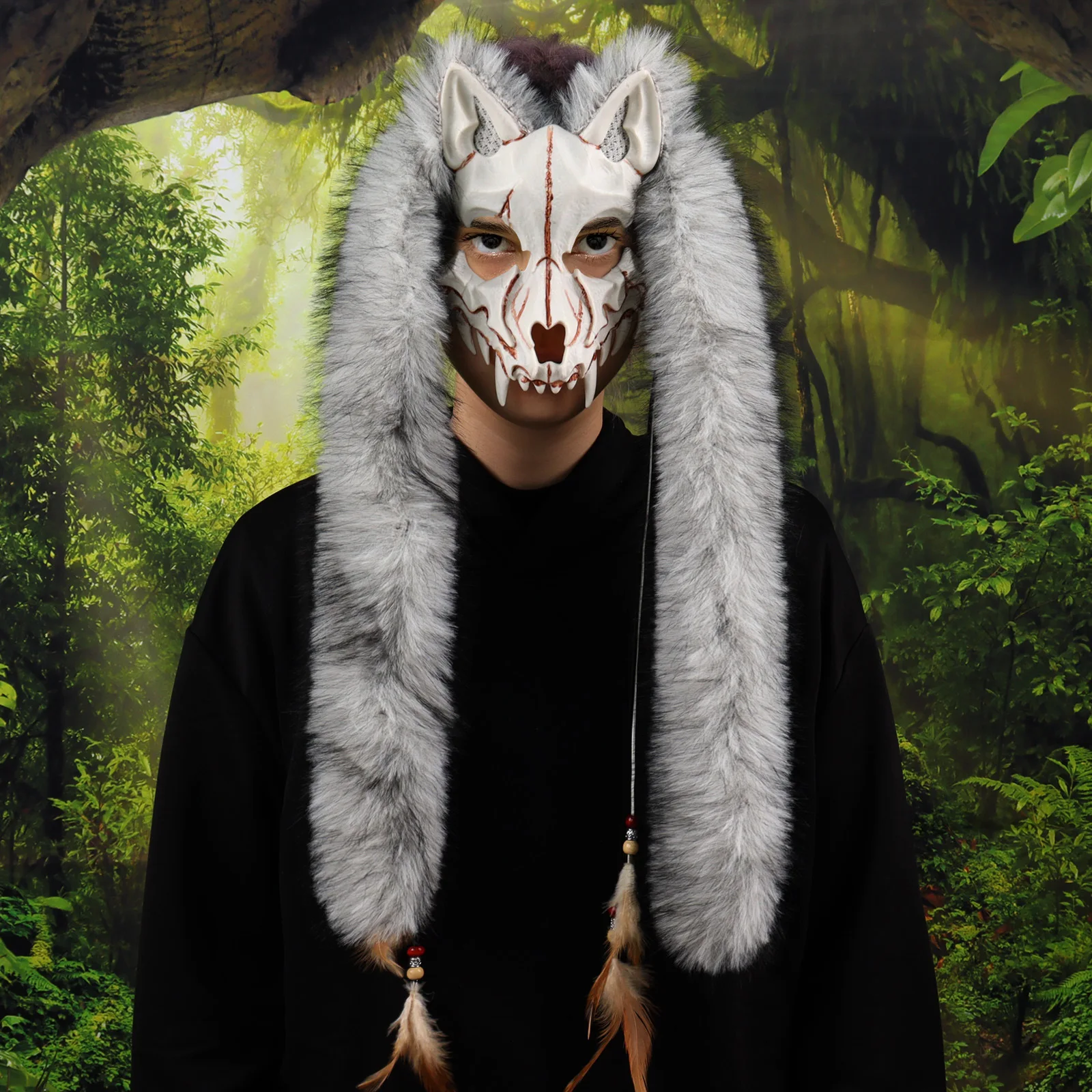 

Carnival Fashion Animal Mask Viking Fox Mask with Faux Fur Headpiece Cosplay Werewolf Mask