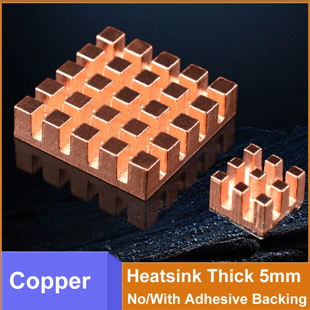 5pcs Pure Copper Heatsink Thick 5mm 6x6mm~20x20mm No/With Adhesive Backing Cooler Radiator For Memory IC Chipset Cooling