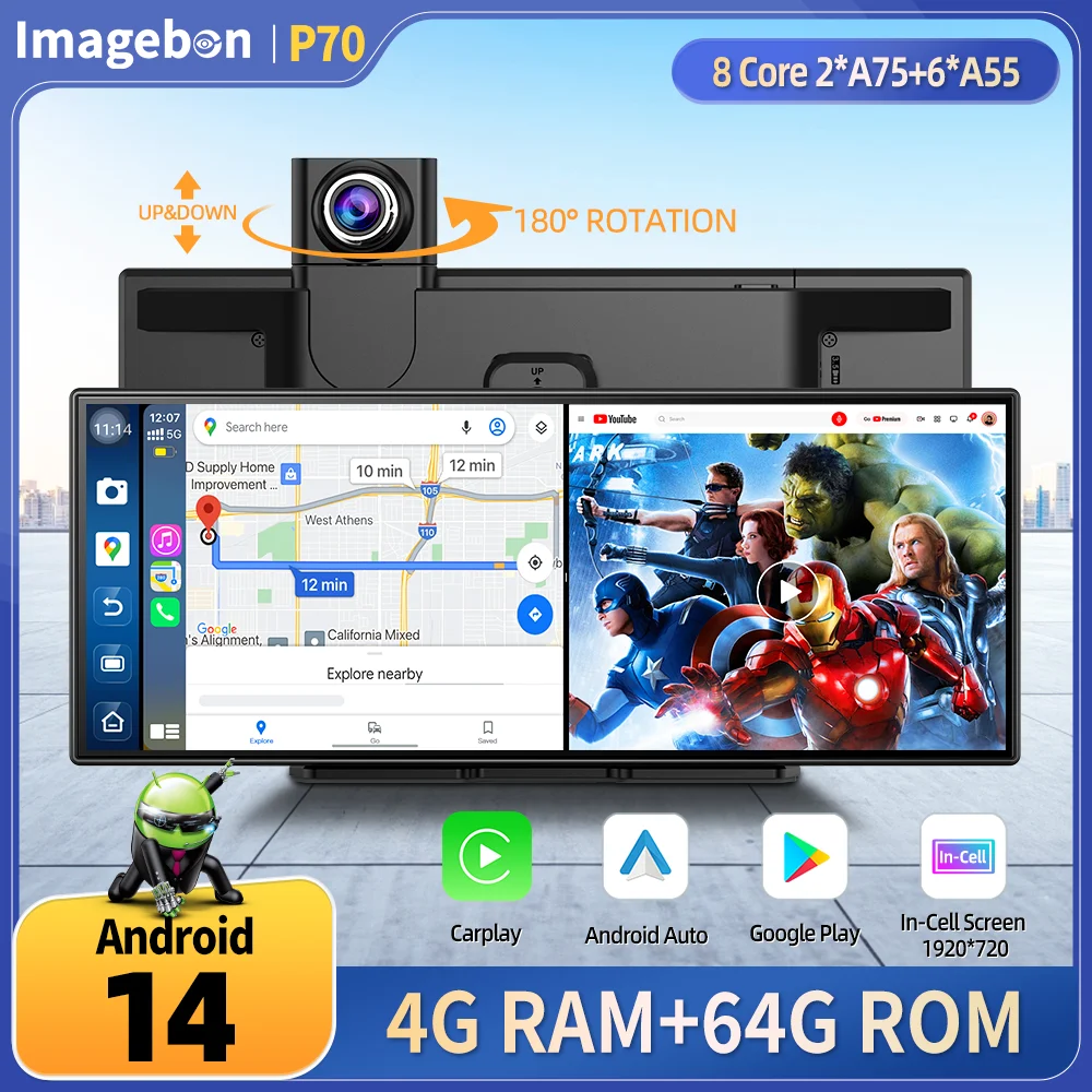 

Imagebon P70 11.4" Android 14 8Core DVR Triple-view Camera Carplay/App:App Split Screen Recorder Youtube Spotify AI Dash Cam