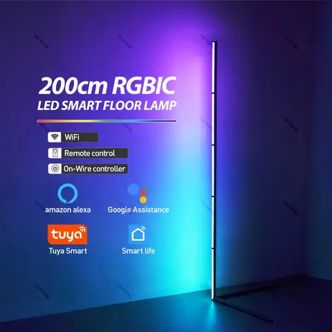 200cm 흰색 RGBIC 스마트 코너 플로어 램프, Tuya 앱 및 원격 제어, 조정 가능한 색상 및 효과, Liv용 현대식 스탠딩 라이트