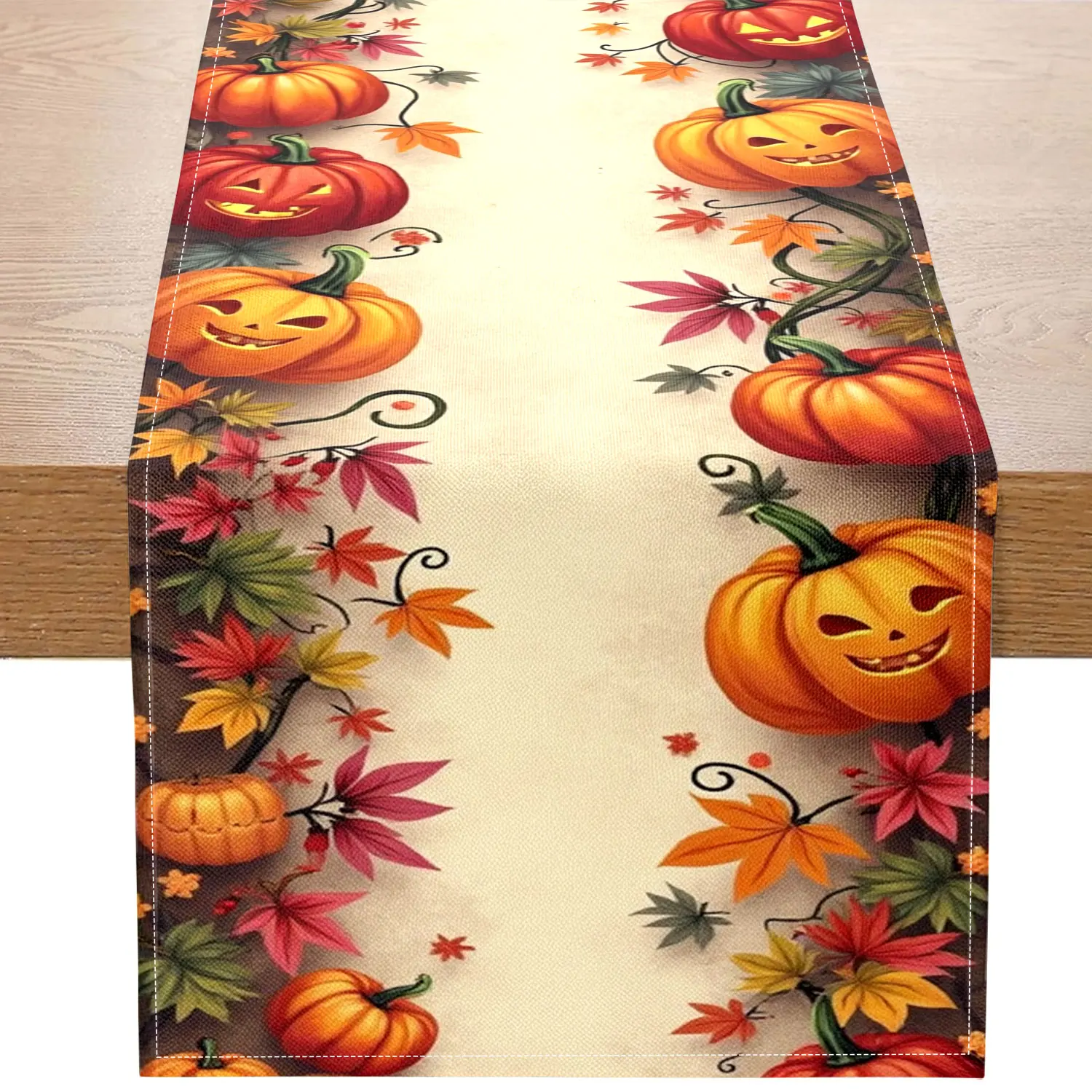 1 Piece of Halloween Pumpkin Vine Themed Table Runner, Decorated with Pumpkin Lanterns, Autumn Leaves, and Vines, Suitable for Holiday Parties and Dark-Themed Decorations