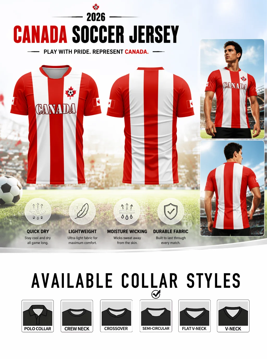 Canada men's soccer jersey, classic red‑white stripes, maple leaf print, quick‑dry, moisture‑wicking, multiple collar styles