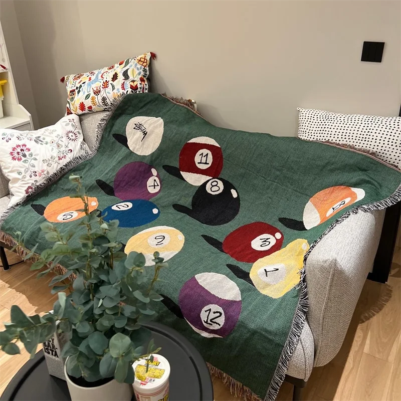 

Vintage Billiard Ball Sofa Throw Blanket, Green Woven Tapestry with Tassels, Decorative Couch Cover for Game Room Living Room