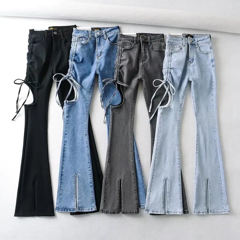 C5529 New Summer Slacks Sexy Thigh-ripped Lace-up Women\'s Jeans Lady Flared Trousers Denim Pants