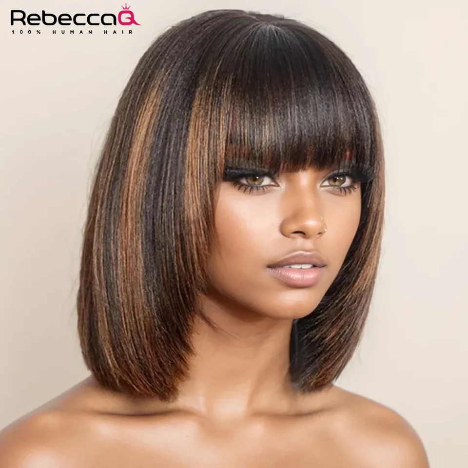 

Brown Highlight Straight Bob Wig Human Hair Glueless Wigs with Bangs 2x1 Lace Wig Layered Cut Wig Bob Short Bob Wig 180% Density