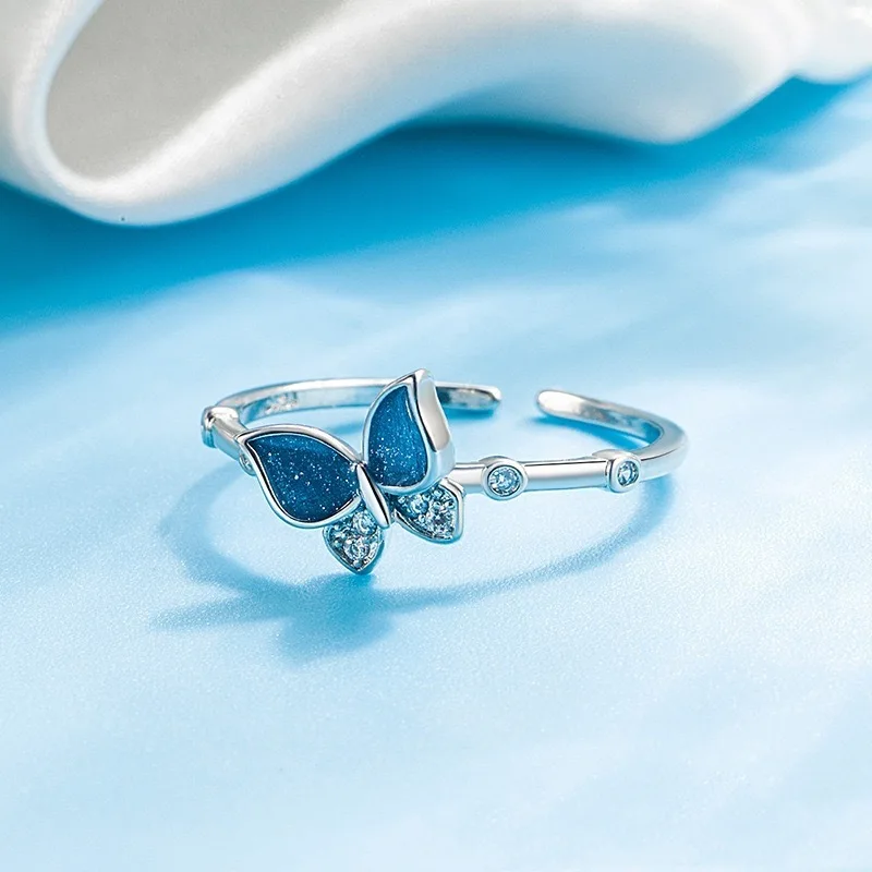 Sole Memory Shiny Cute Zircon Blue Drop Glaze Butterfly Hot Sale 925 Sterling Silver Resizable Opening Ring For Women RI1316