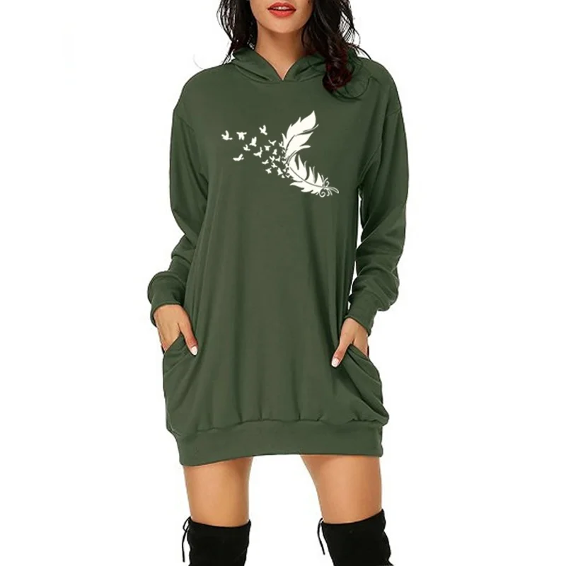 

Winter Clothing Women Fashion Feather Printed Hoodies Casual O-Neck Long Sleeve Pockets Dress 100%Cotton Oversized Hoodie Top