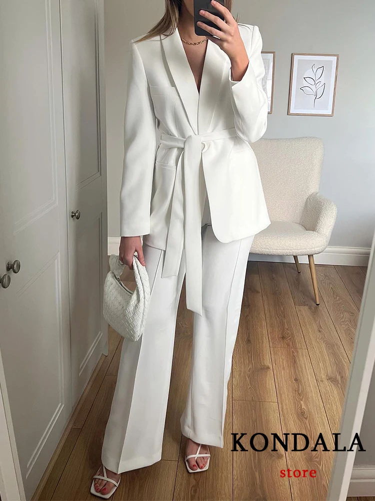 KONDALA Office Lady White Blazer Suits Women Long Sleeve V Neck Sashes Blazer+High Waist Wide Leg Long Pants Fashion 2023 Sets