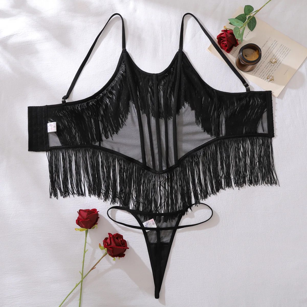 

2025 горячий комплект нижнего белья с кисточками для девочек, сетчатый сексуальный комплект из двух предметов для коррекции фигуры, перспективный дизайн