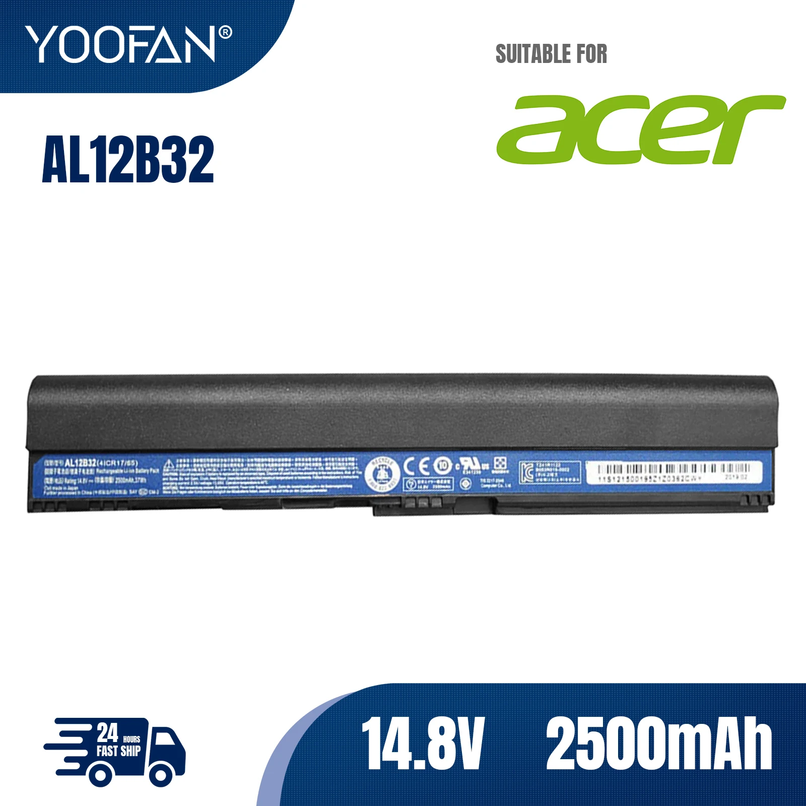 YOOFAN NEW AL12B32 AL12X32 AL12A31 AL12B31 14.8V 37Wh Laptop Battery For ACER Aspire One 725 756 V5-171 TravelMate B113 B113M