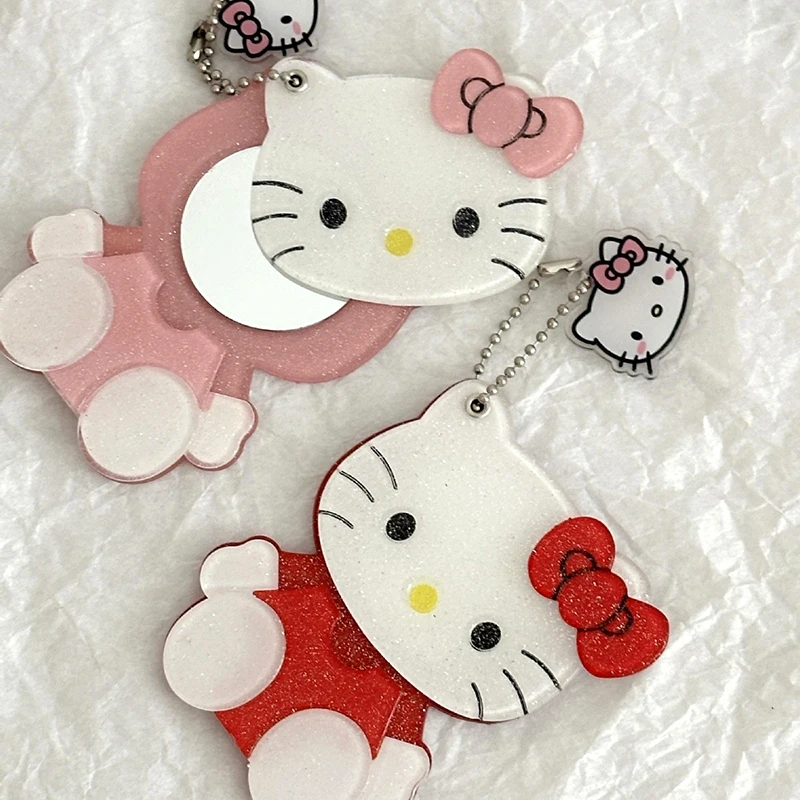 Portable Kawaii Saniro Hello Kitty Makeup Mirror Keychain Sliding Cover Mirror DIY Mobile Phone Case Decoration