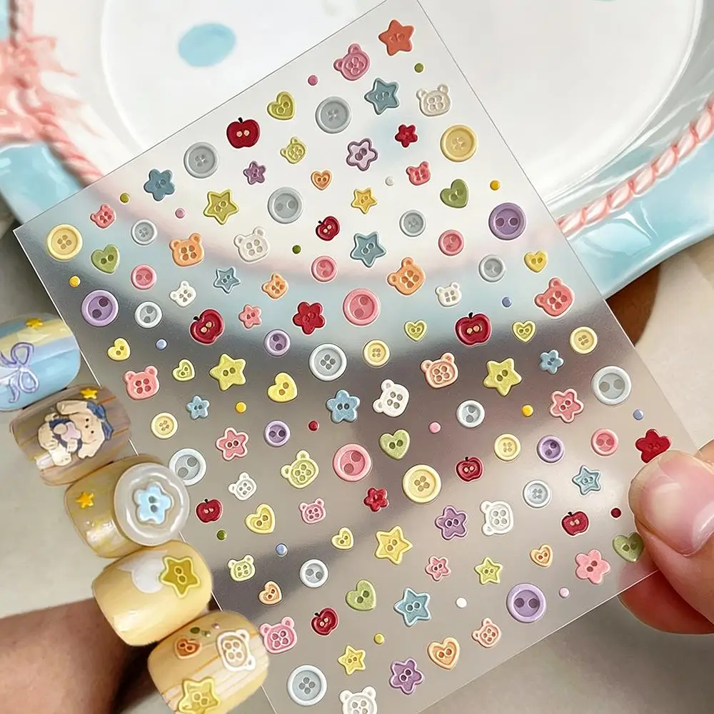 1/2Pcs 5D Embossed Multi Shapes Button Nail Stickers Star Heart Bear Button Grids Nails Decals Sweet Girl Manicure Decorations N