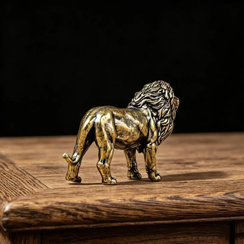 Brass Lion Collectible Figurine Vintage Antique Finish Fine Carvings Decorative Statue for Home Desktop Decor Unique Gift