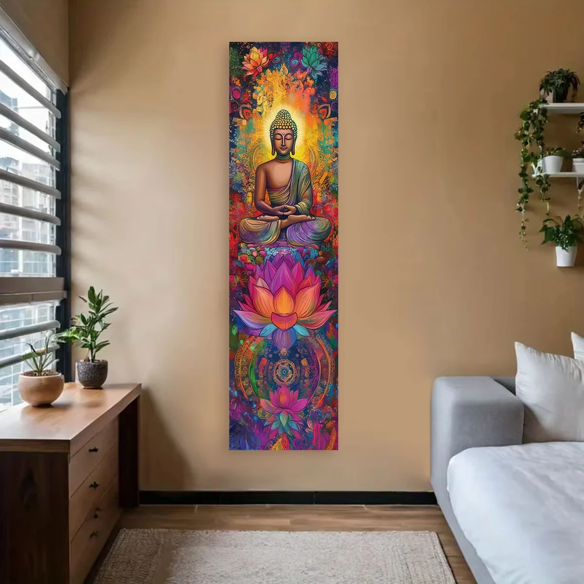 Buddha-Statuen und Lotus-Wanddekoration, bunte Mandala, vertikaler Wandteppich, Meditation, religiöse Kunst, Wandteppich, langer Streifen, Heimdekoration