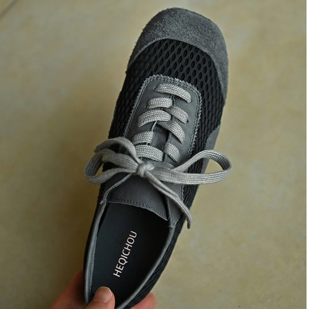 Women Dark Gray Genuine Leather Sneakers Mesh Suede Patchwork Lace‑Up Flat Retro Training Shoes view 6