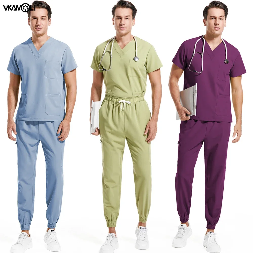 Uniformes médicos de sala de clínica de tecido elástico multicolorido top e jogger xs-xxl conjunto de esfoliantes para homens roupas de trabalho de médico