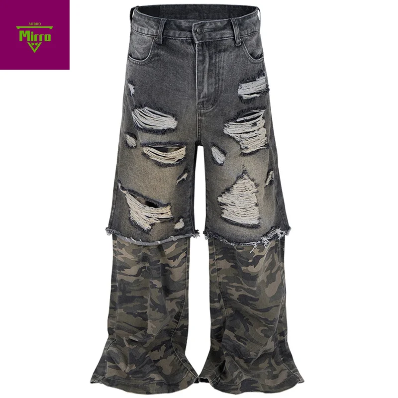 

【Mirrordust】Камуфляжные лоскутные джинсы Винтажные рваные мешковатые джинсы Мужская уличная одежда Harajuku Джинсы в стиле хип-хоп Джинсовые брюки