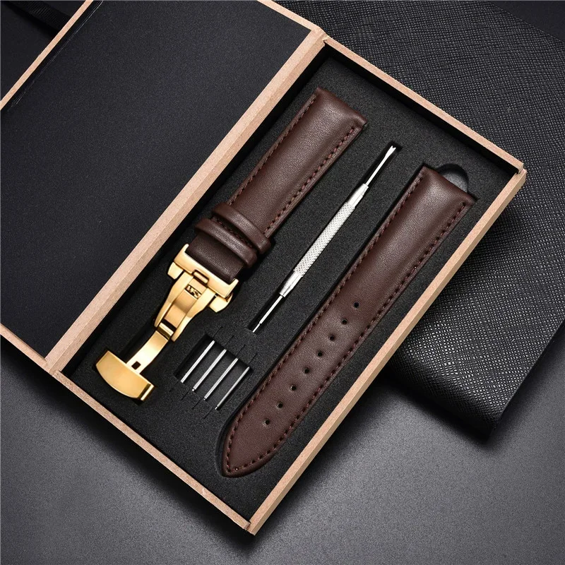 Echtes Lederarmband 18 mm 20 22 24 mm Uhrenarmband Automatische Schmetterlingsschnalle Herren- und Damen-Business-Armbanduhr mit Box-Handgelenkgürtel