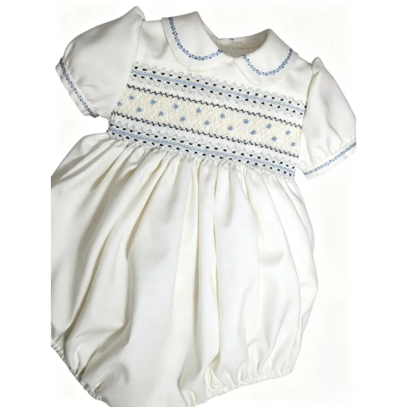 Summer Baby Girl Hand Smocked Embroidery White Bubble Romper for Newborn Baptism  Birthday Party Formal Wedding Photography A433