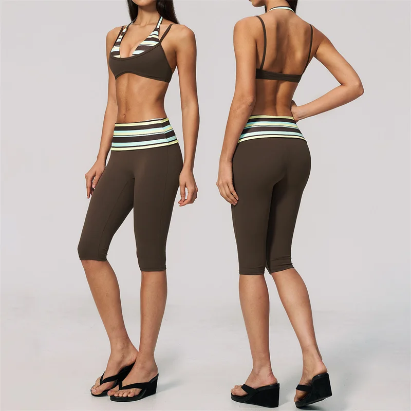 TRY TO BN 2 Piece Yoga Set Contrast Print Halter Sports Bra Fold Over Waisted Capri Leggings Women Fitness Gym Workout Tracksuit
