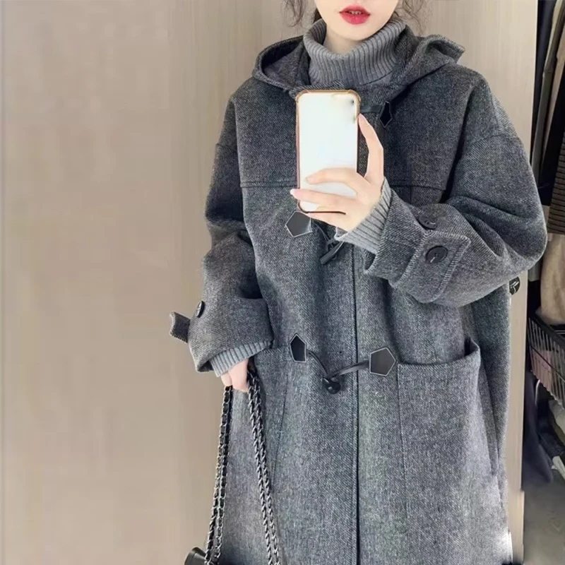 Elegant High-End Korean Style FeelGreyHorn Buttons Woolen Coat Medium-Length Autumn Winter Loose-Fit Jacket For Women