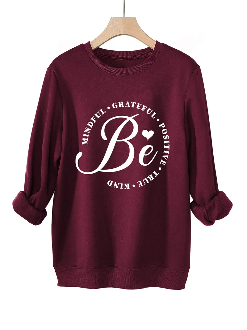 New winter cotton simple warm thick mindful grateful positive pattern letter printed long sleeve vintage round neck sweatshirt