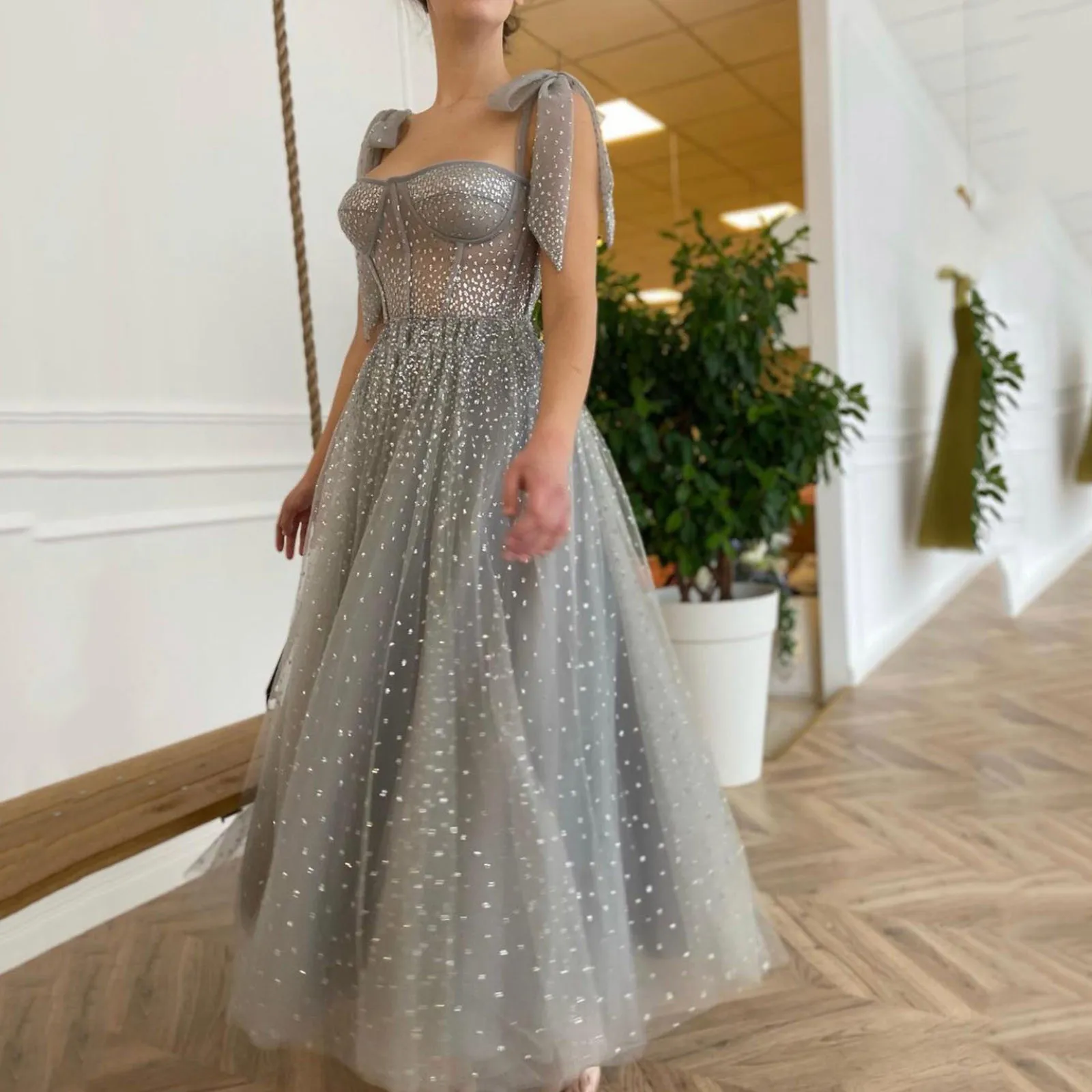 Elegant Party Dresses For Women 2024 Polka Dot  Mesh Glitter Sparkly Sequins Spaghetti Strap Lace Up A-Line Dresses Formal Dress