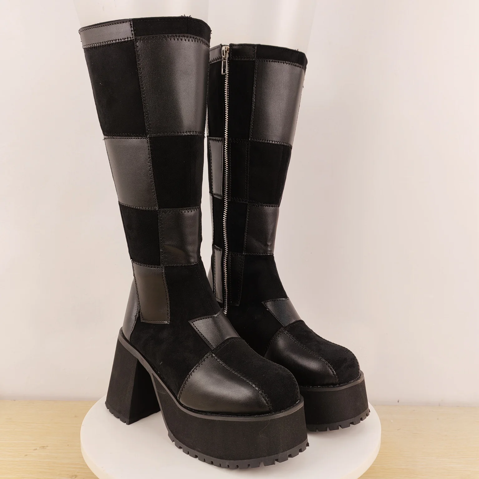 Women's Black Leather-Suede Checkered Knee-High Boots Platform Block Heel Edgy Design for Autumn/winter Fashion Statement Looks