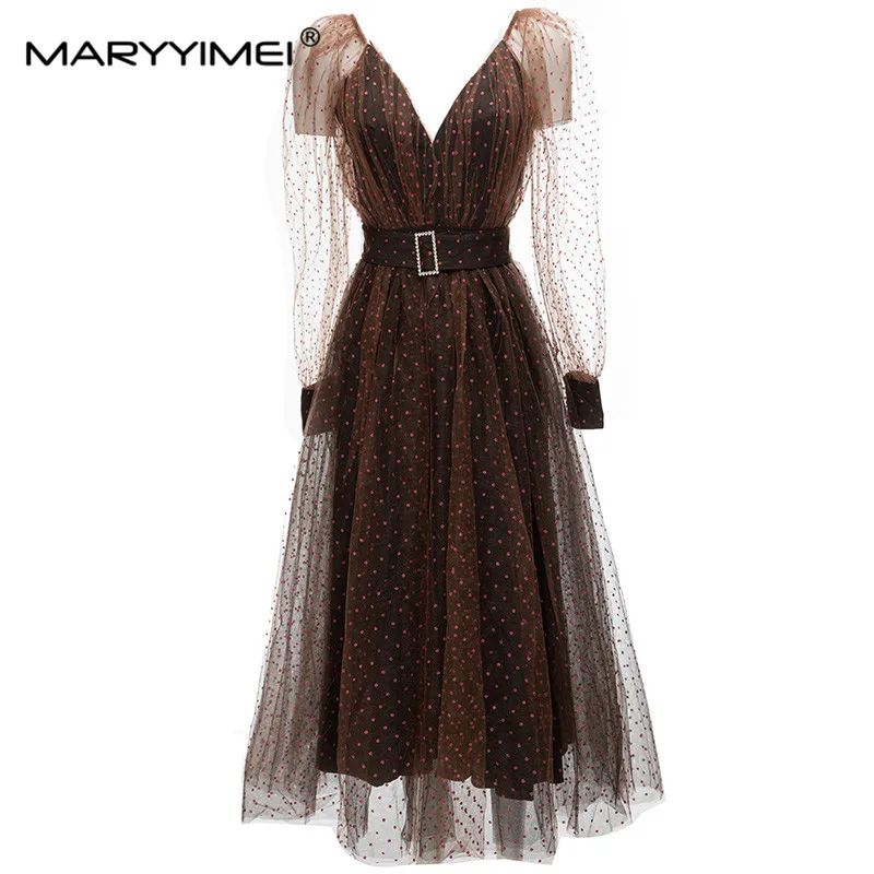 

MARYYIMEI New Autumn Fashion Elegant Princess dress Lantern Long Sleeve Belt Dot V-Neck Open Back Holiday Dresses