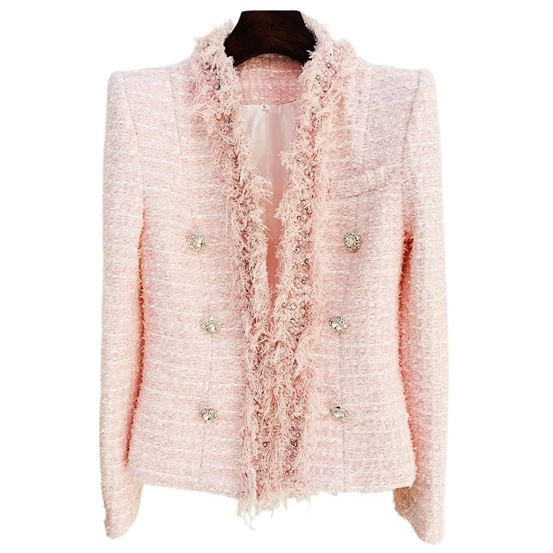 

Elegant O Neck Long Sleeves Pink Jacket Women Tweed and Diamond Buttons with Whisker Trim and Heavy Beading New in Outwears