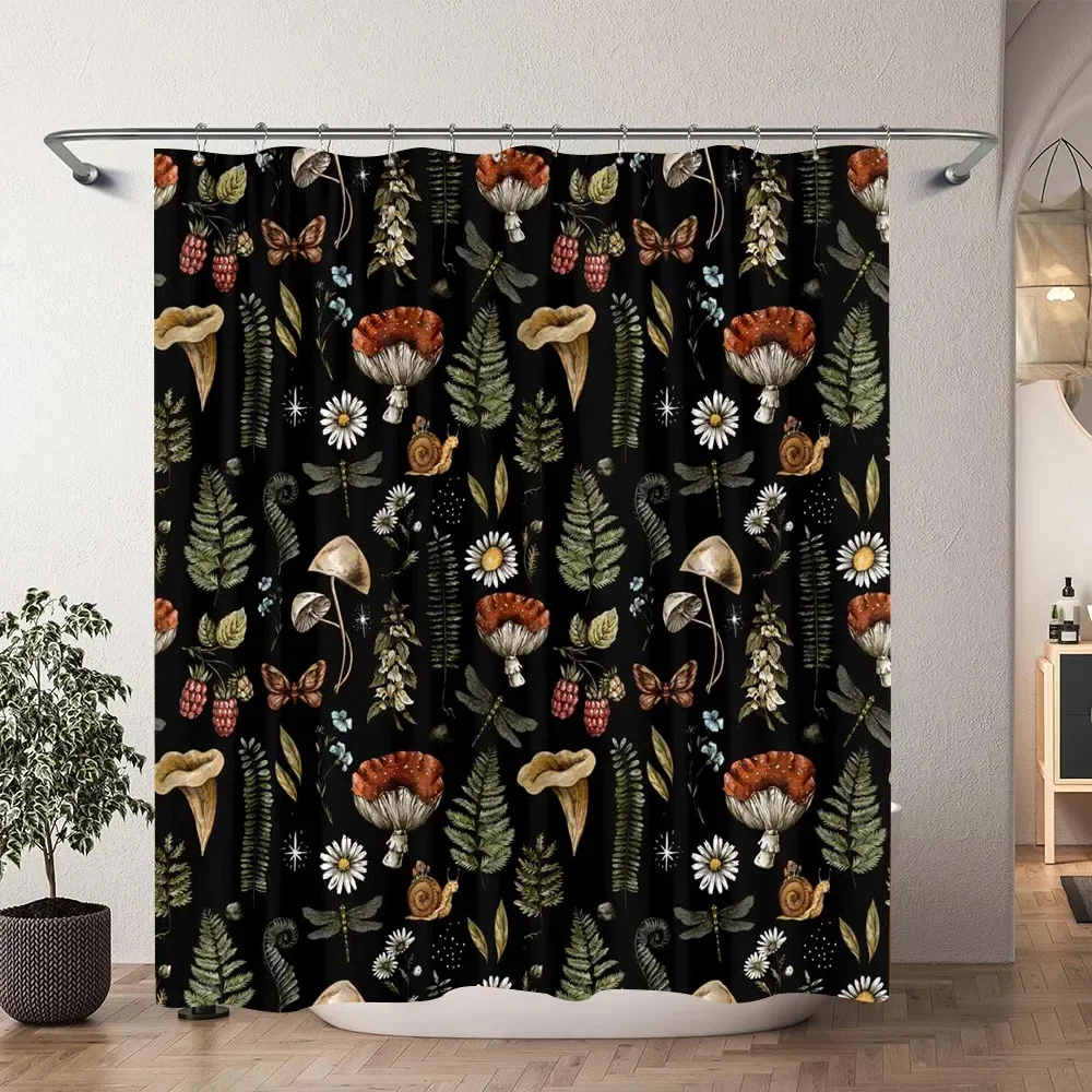 Vintage Mushroom Shower Curtain Natural Forest Butterfly Plant Floral Polyester Shower Curtains Bathroom Decor with Hooks