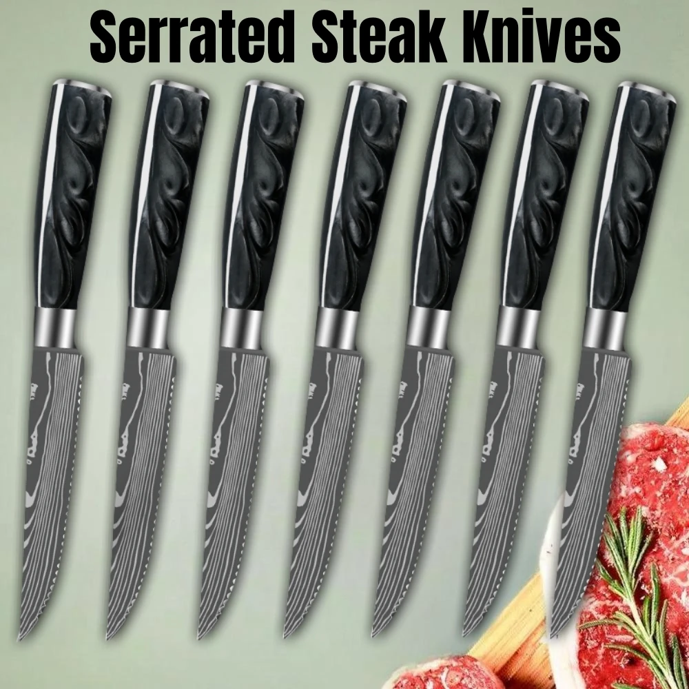 Serrated Steak Knives Ultra Sharp High Carbon Stainless Steel Knives with Ergonomic Handles Kitchen Knife Set