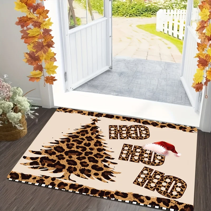 Leopard Print Christmas Tree HO HO HO Doormat, Santa Hat Printed Floor Mat, Front Door Xmas Home Decor