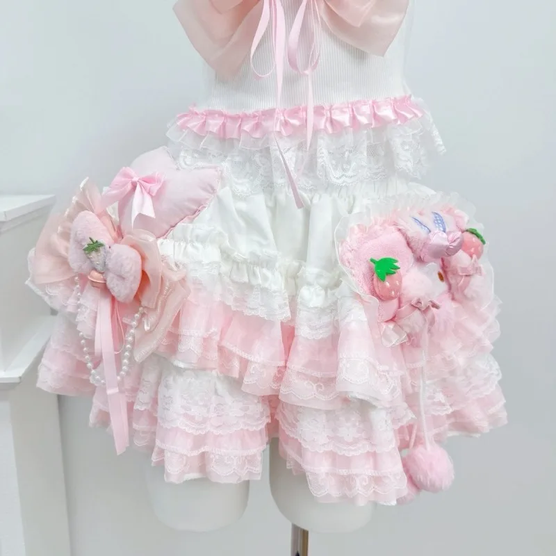 Pink and White Melody Sweet and Spicy Hanging Neck Set for Girls Lolita Lace Cake Short Skirt Soft Girl Cute Two Piece Set view 3